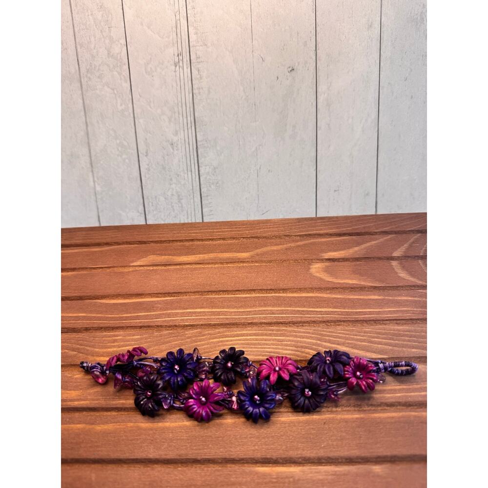 Handmade Genuine Leather Purple Flower Bracelet w Stones Purple Bracelet NEW